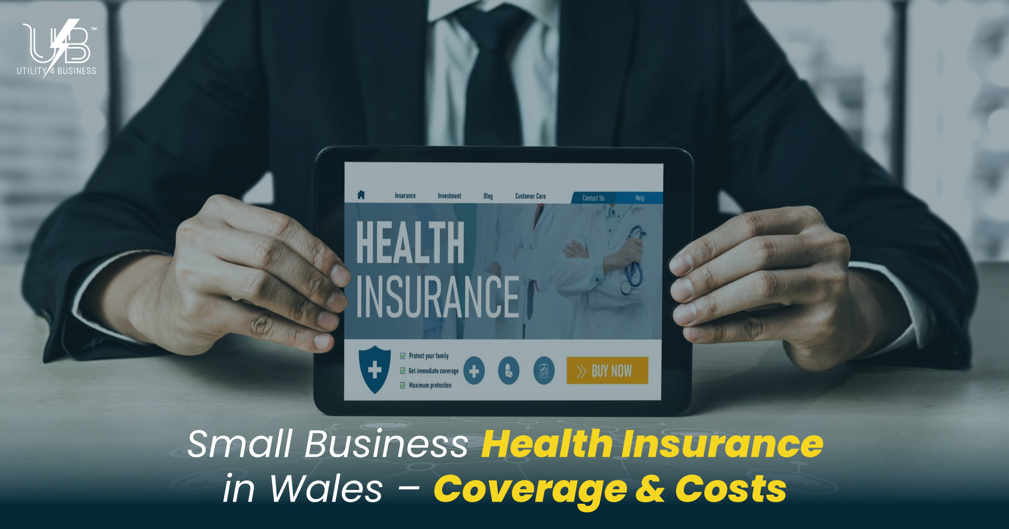 Small Business Health Insurance in Wales - coverage & costs, hands holding tablet with health insurance screen