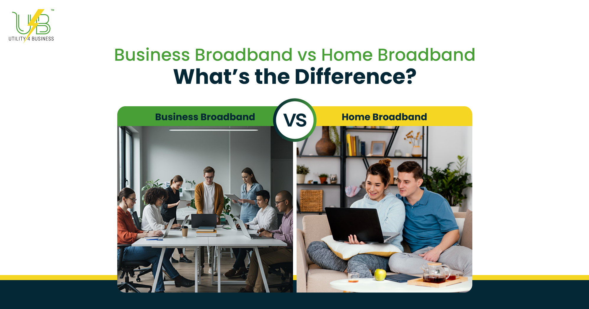 Business broadband vs home broadband comparison showing a busy office versus a couple at home. A guide by Utility4Business.