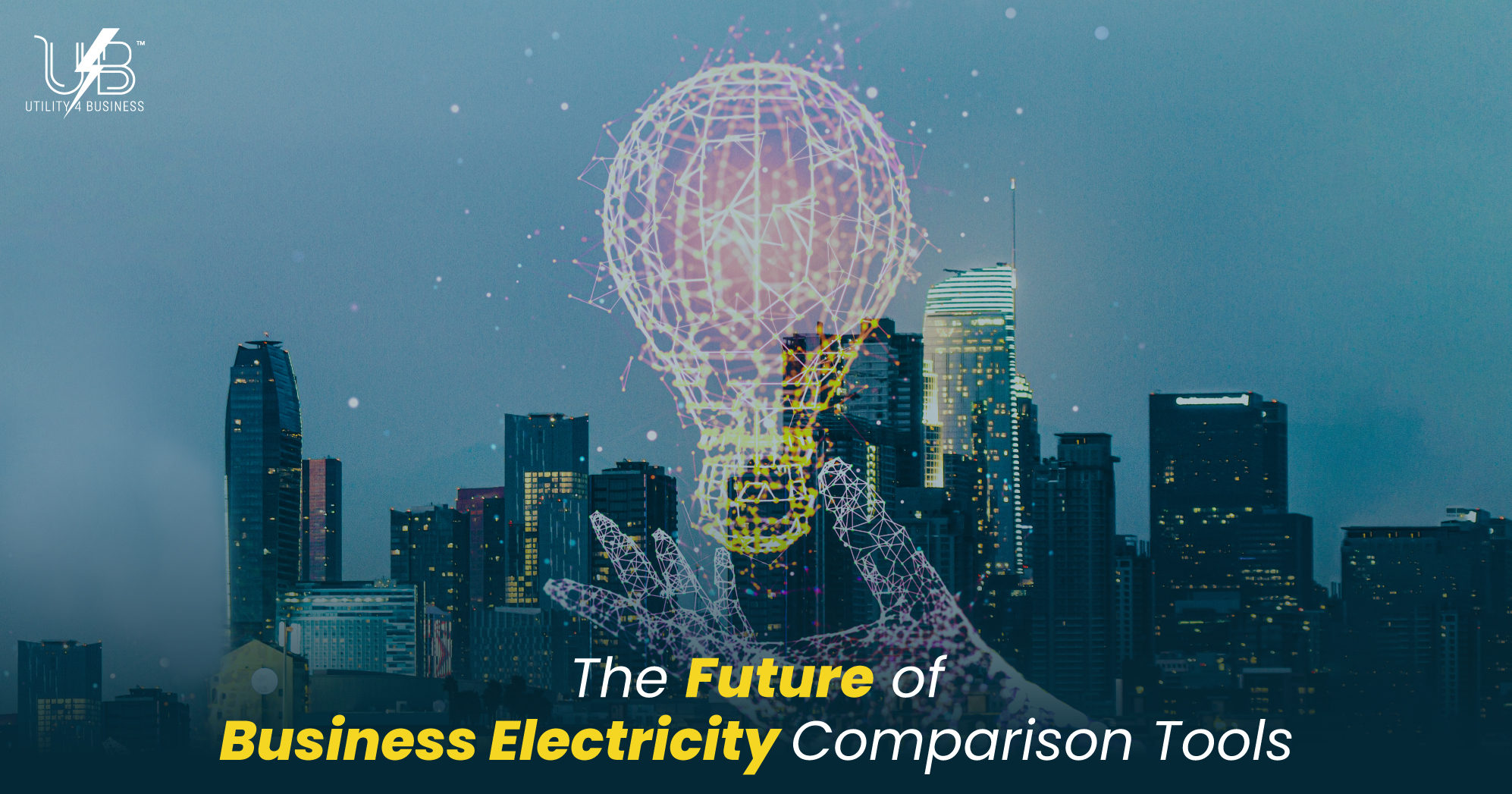 Business electricity comparison tools future shown with digital lightbulb over modern city skyline.