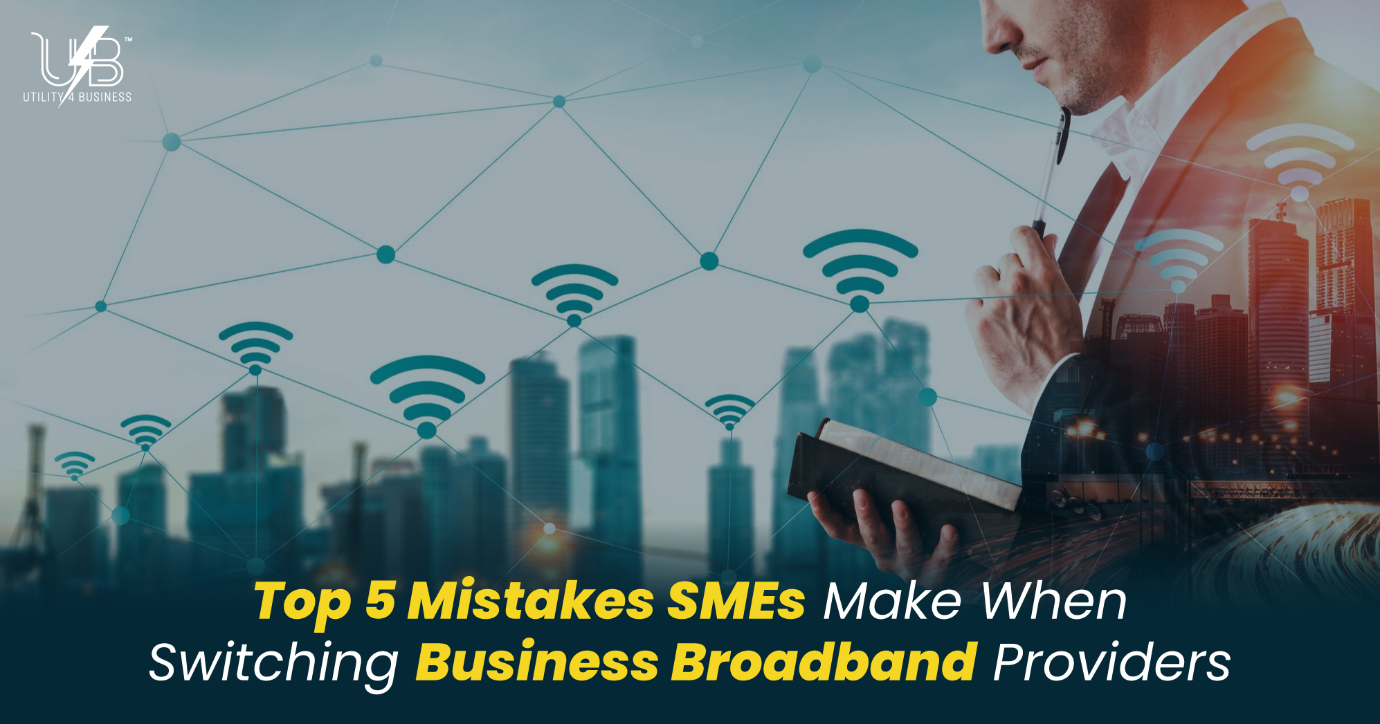 Person with city skyline and Wi‑Fi icons illustrating best business broadband provider choice.